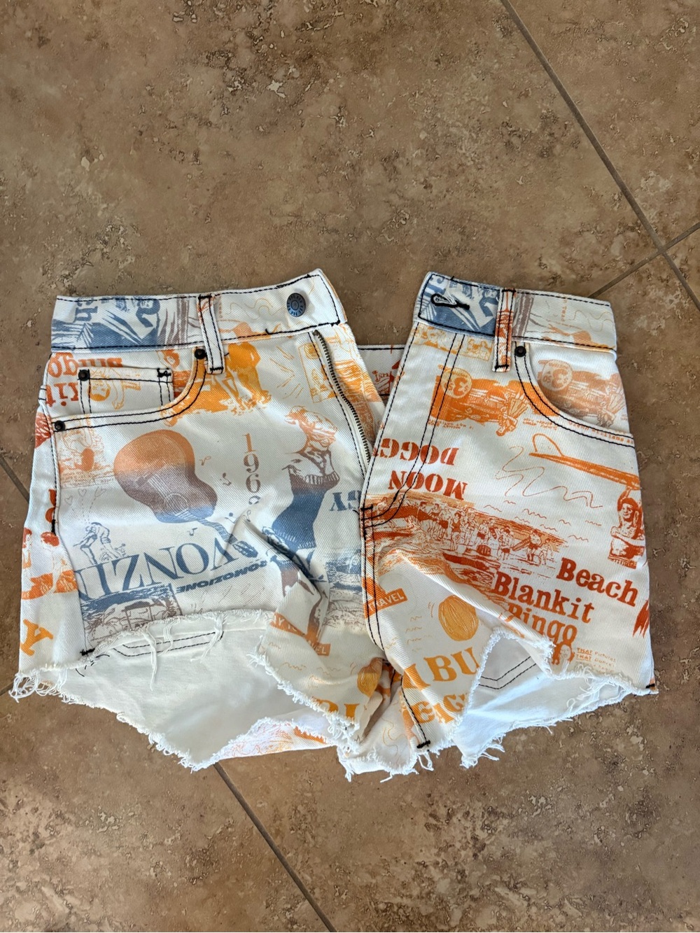 BDG White Denim Shorts with Orange & Blue Print